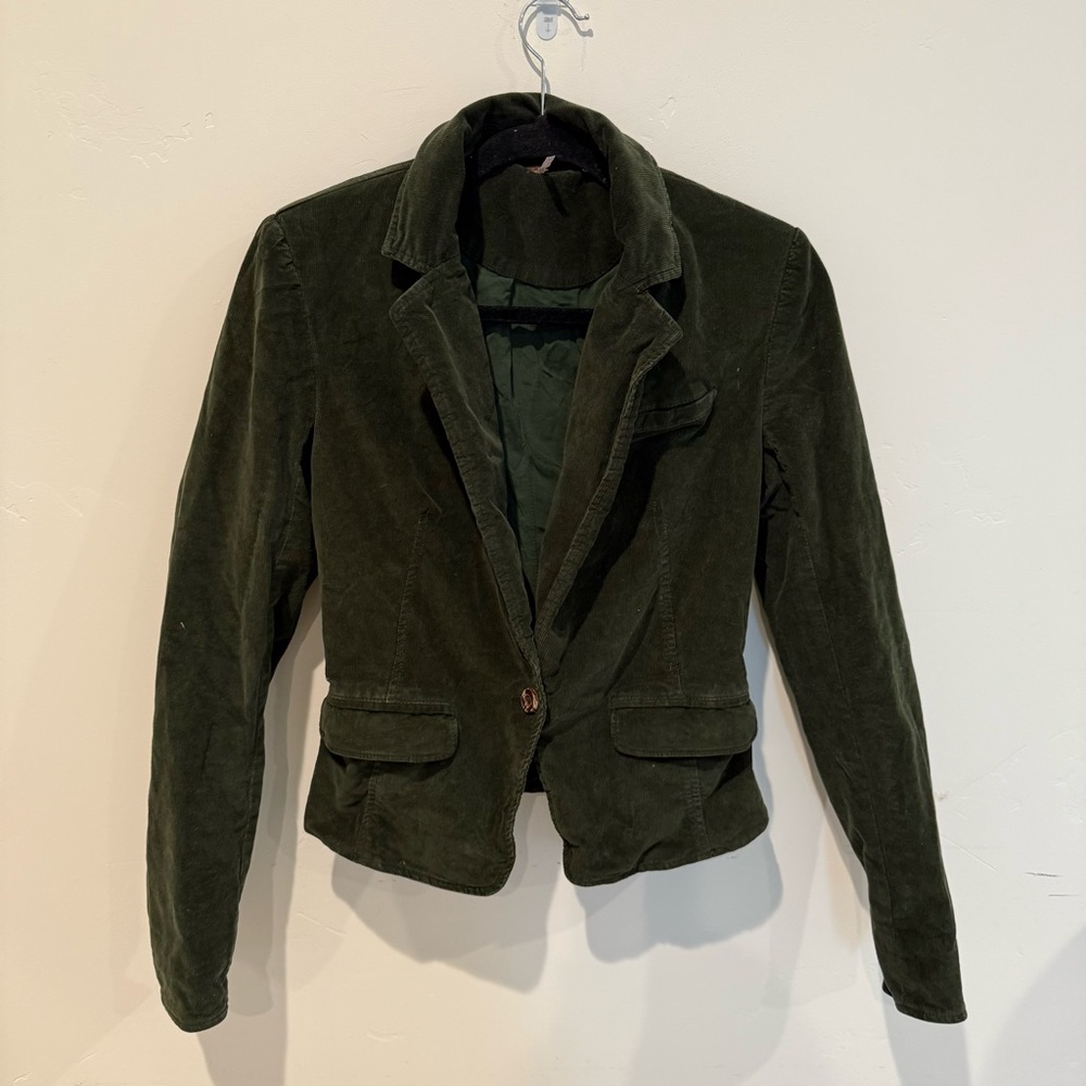Free People Green Corduroy Blazer Jacket Womens Size 0 Shoulder Pads Y2K 90s